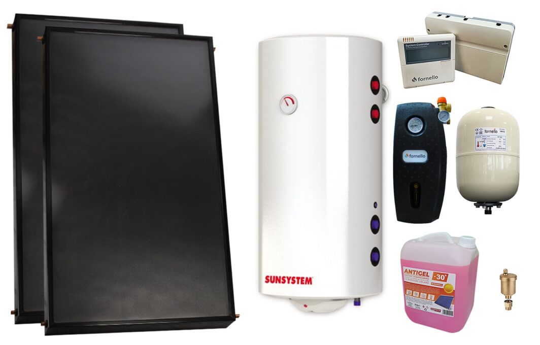 Pachet premium sistem solar presurizat, 2 x Panou solar plan Fornello 2.0 m² SPFP, Boiler cu 2 serpentine si rezistenta electrica Sunsystem BB NL2 150 PRL 3KW, grup pompare, controller, vas expansiune, antigel, aerisitor 1/2