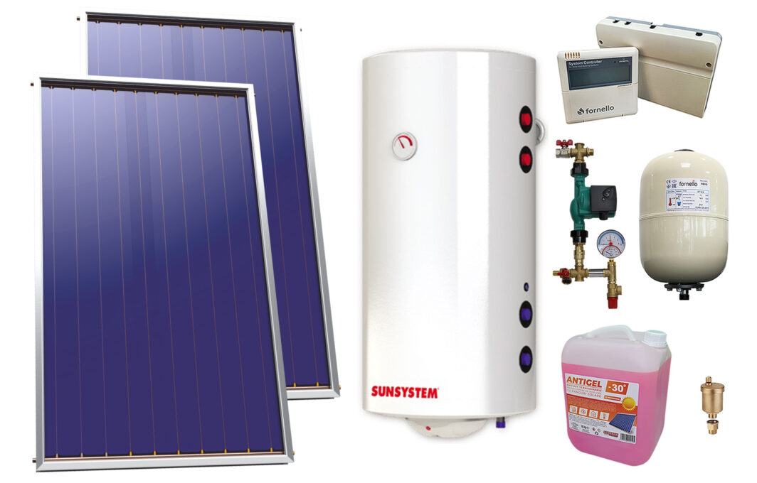 Pachet sistem solar presurizat, 2 x Panou Plan Select PK SL CL NL 2.15 m², Boiler Sunsystem BB NL2 200 PRL 3KW cu doua serpentine, grup pompare, controller, vas expansiune, antigel, aerisitor 1/2