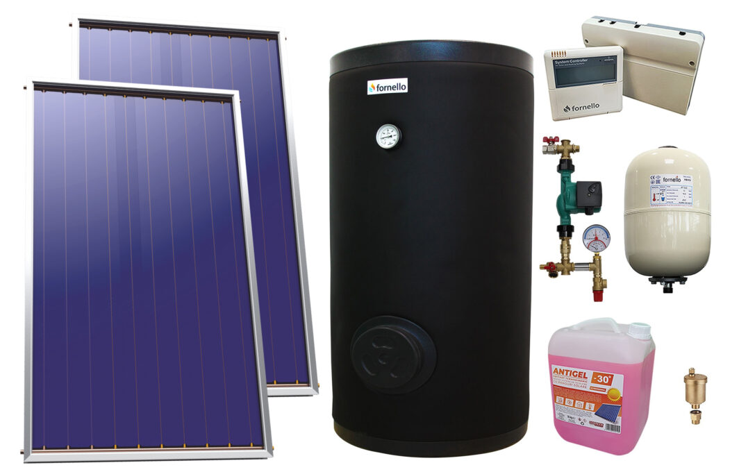 PPachet sistem solar presurizat, 2 x Panou Plan Sunsystem Select PK SL CL NL 2.15 m², Boiler cu 2 serpentine FORNELLO SOL 200 LT 2S, grup pompare, controller, vas expansiune, antigel, aerisitor 1/2