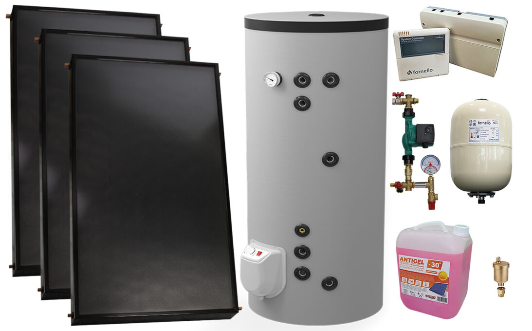 Pachet sistem solar presurizat, 3 x Panou solar plan Fornello 2.0 m² SPFP, Boiler cu 2 serpentine si rezistenta electrica  Eldom FV30067S21, 9000 W, 300 l, grup pompare, controller, vas expansiune, antigel, aerisitor 1/2