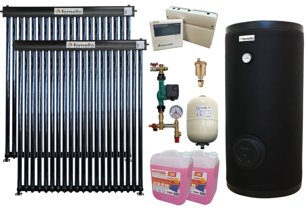 Pachet sistem solar presurizat Fornello 40 Tuburi Heat Pipe, Boiler cu 2 serpentine Fornello SOL 300 LT 2S, controller, vas expansiune, grup pompare, aerisitor 1/2, antigel