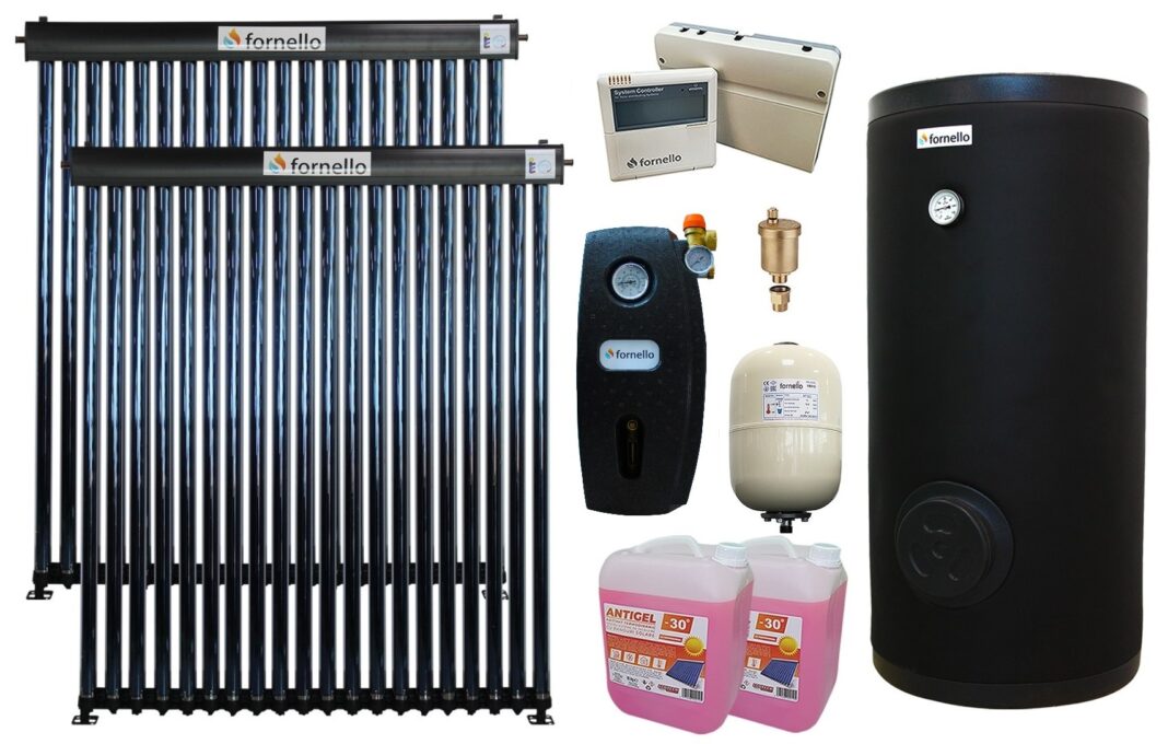 Pachet sistem solar presurizat Fornello 40 Tuburi Heat Pipe, Grup pompare, Boiler cu 2 serpentine Fornello SOL 300 LT 2S, controller, vas expansiune, Aerisitor 1/2, Antigel