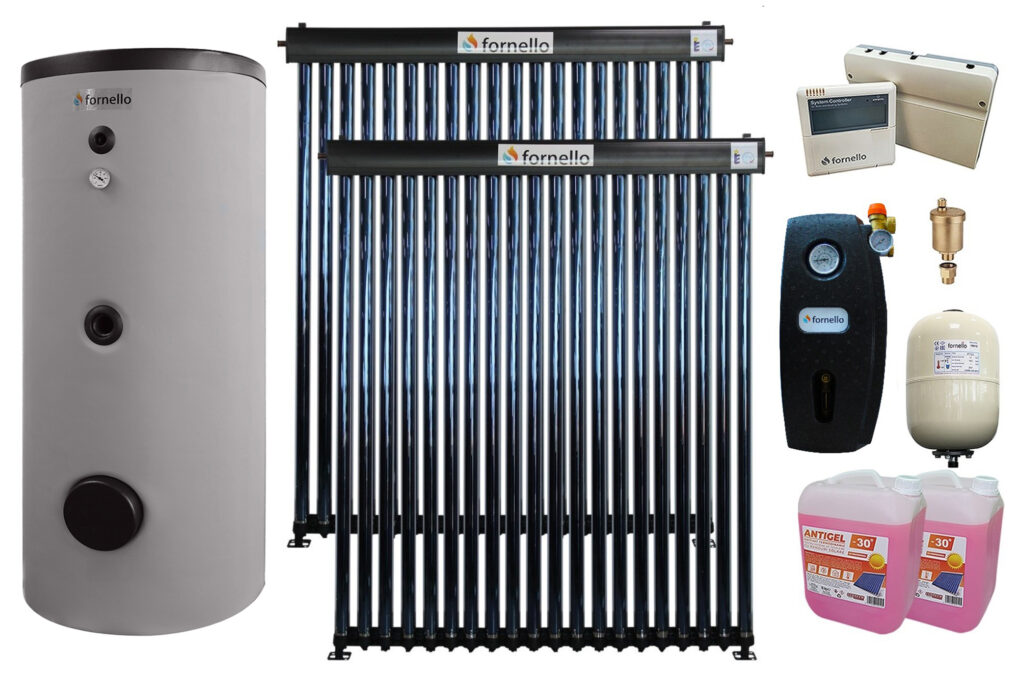 Pachet sistem solar presurizat, Panou Fornello 40 Tuburi Heat Pipe, Boiler de SOL cu 2 serpentine Fornello Optima EV 300 LT 2S, Controller, Vas expansiune, Grup pompare, Aerisitor, Antigel