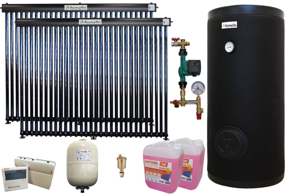 Pachet sistem solar presurizat, Fornello 60 Tuburi Heat Pipe, Boiler de sol 2 serpentine Fornello 500 LT 2S, controller, vas expansiune, grup pompare, aerisitor 1/2, antigel