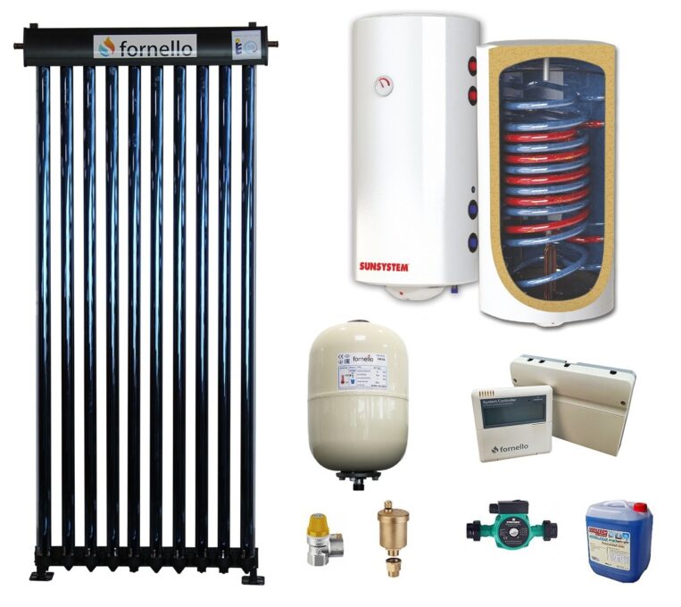 Pachet Sistem solar presurizat, panou Fornello 10 Tuburi Heat Pipe, Boiler cu 2 serpentine si rezistenta electrica Sunsystem MB NL2 100 litri, pompa 25-60, controller, vas expansiune, antigel, supapa 1/2, aerisitor 1/2