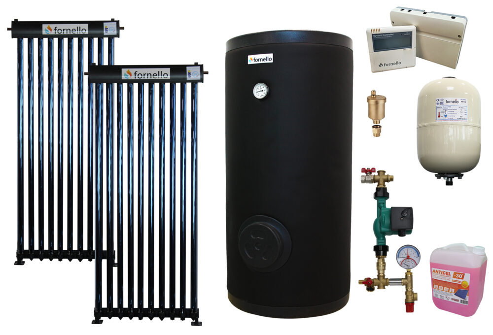 Pachet sistem solar presurizat, panou Fornello 20 Tuburi Heat Pipe, Boiler cu 2 serpentine Fornello SOL 200 LT 2S, controller, vas expansiune, grup pompare, aerisitor 1/2, antigel