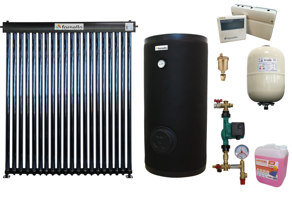 Pachet sistem solar presurizat, panou Fornello 20 Tuburi Heat Pipe, Boiler Fornello SOL 200 LT 2S, controller, vas expansiune, grup pompare, aerisitor 1/2, antigel
