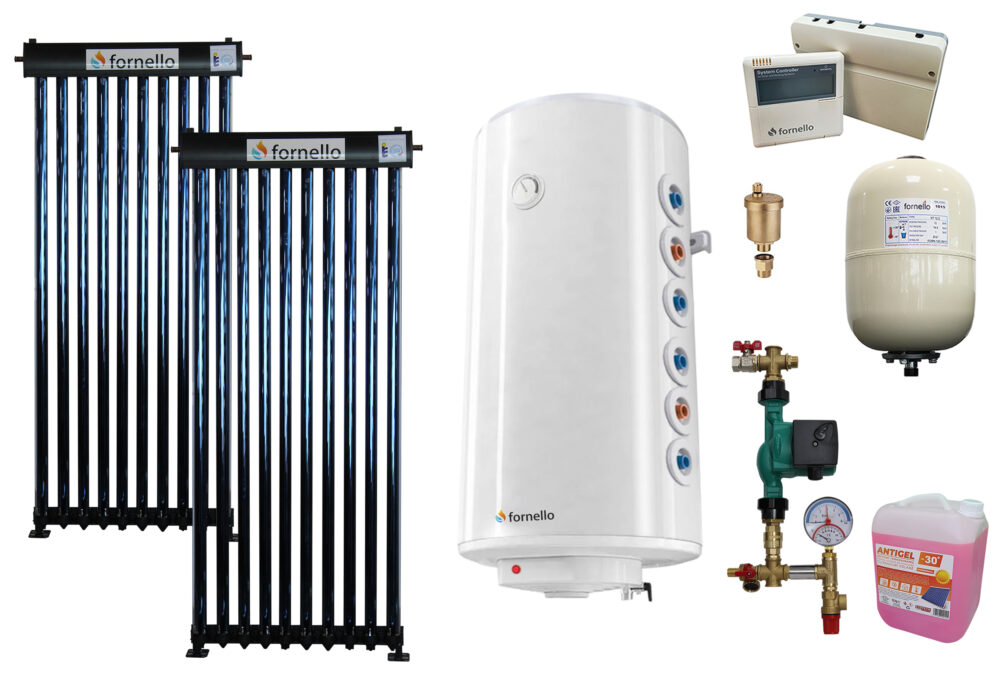 Pachet solar presurizat, panou Fornello 20 Tuburi Heat Pipe, Boiler cu 2 serpentine Fornello Optima GCV7/4S 150 l, controller, vas expansiune, grup pompare, aerisitor 1/2, antigel