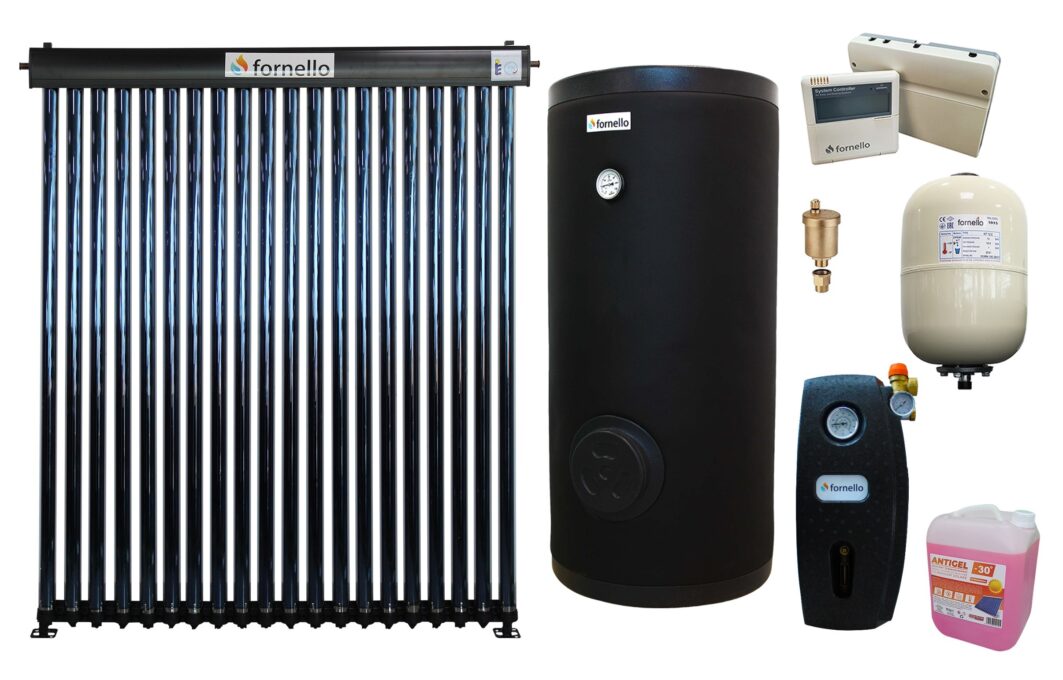 Pachet sistem solar presurizat, panou Fornello 20 Tuburi Heat Pipe, Grup pompare, Boiler cu 2 serpentine FORNELLO SOL 200 LT 2S, controller, Vas expansiune, Aerisitor 1/2, Antigel