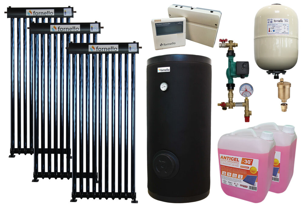 Pachet sistem solar presurizat, panou Fornello 30 Tuburi Heat Pipe, Boiler cu 2 serpentine Fornello SOL 300 LT 2S, controller, vas expansiune, grup pompare, aerisitor 1/2, antigel