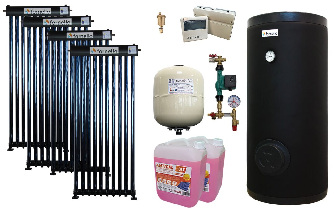 Pachet sistem solar presurizat, panou Fornello 40 Tuburi Heat Pipe, Boiler cu 2 serpentine Fornello SOL 300 LT 2S, controller, vas expansiune, grup pompare, aerisitor 1/2, antigel