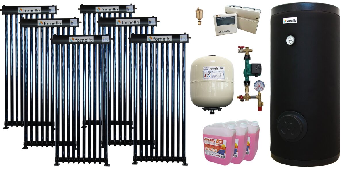Pachet sistem solar presurizat, panou Fornello 60 Tuburi Heat Pipe, Boiler cu 2 serpentine Fornello SOL 500 LT 2S, controller, vas expansiune, grup pompare, aerisitor 1/2, antigel