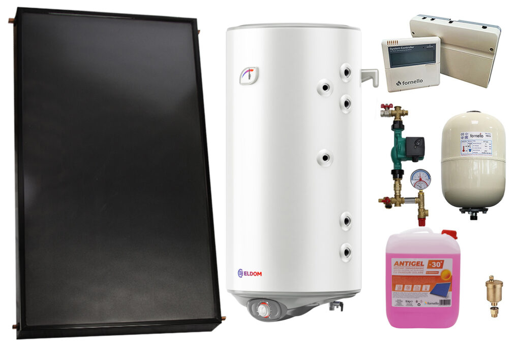 Pachet sistem solar presurizat, Panou solar plan Fornello 2.0 m² SPFP, Boiler cu 2 serpentine si rezistenta electrica Eldom WV10046S21R 100 l, grup pompare, controller, vas expansiune, antigel, aerisitor 1/2