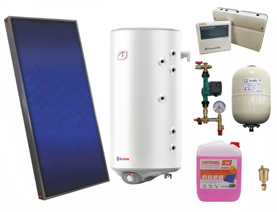 Pachet sistem solar presurizat, panou solar plan Sunsystem PК SL FP 2.0, Boiler cu 2 serpentine Eldom 100 l 2S, controller, vas expansiune, grup pompare, aerisitor 1/2, antigel