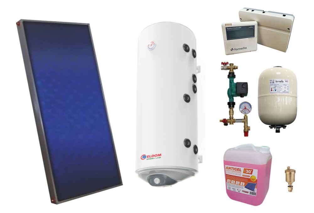 Pachet sistem solar presurizat, panou solar plan Sunsystem PК SL FP 2.0, Boiler cu 2 serpentine Eldom 120 l 2S, controller, vas expansiune, grup pompare, aerisitor 1/2, antigel