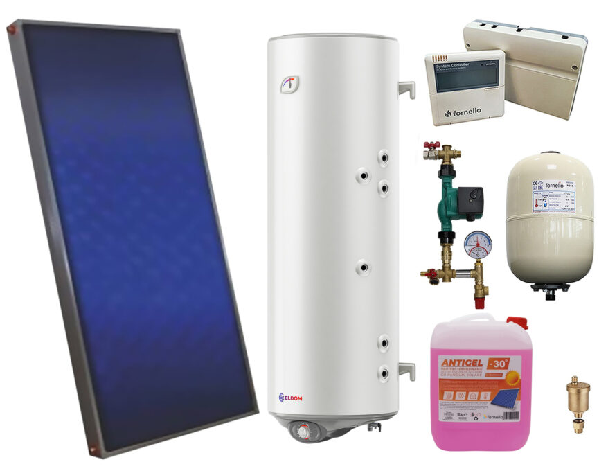 Pachet sistem solar presurizat, panou solar plan Sunsystem PК SL FP 2.0, Boiler cu 2 serpentine Eldom 150 l 2S, controller, vas expansiune, grup pompare, aerisitor 1/2, antigel