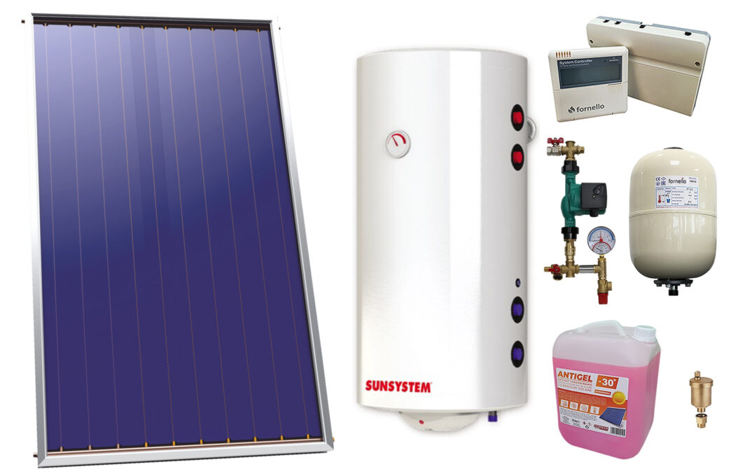 Pachet sistem solar presurizat, Panou Solar plan Sunsystem Select PK SL CL NL 2.15 m², Boiler Sunsystem MB NL2 120 PRL cu doua serpentine, grup pompare, controller, vas expansiune, antigel, aerisitor 1/2