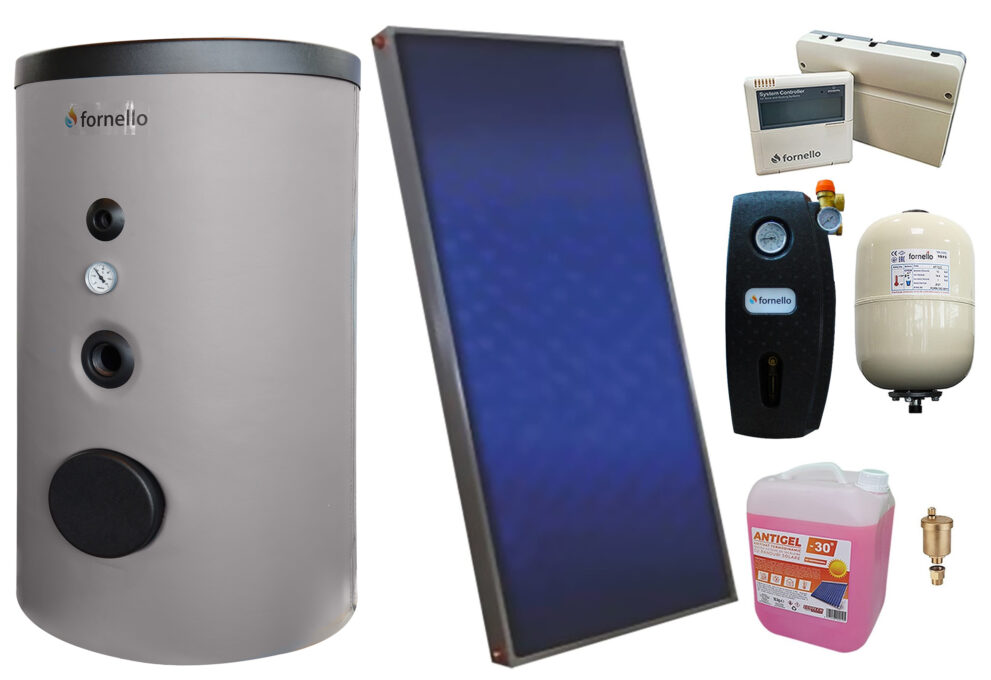 Pachet sistem solar presurizat, Panou Sunsystem PК SL FP 2.4, Boiler Fornello Optima EV 6/4 S2, 160 Litri, Controller, Vas expansiune, Grup pompare, Aerisitor, Antigel
