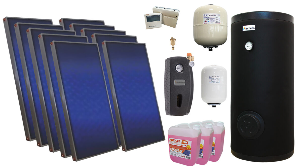 Pachet solar premium, presurizat, 10x panou plan Sunsystem PК SL FP 2.0, Boiler cu 2 serpentine Fornello SOL 1000 LT 2S, controller, vas expansiune solar, vas expansiune sanitar, grup pompare Fornello (pompa OHI), aerisitor 1/2, antigel 1 Pachet solar premium, presurizat, 10x panou plan Sunsystem PК SL FP 2.0, Boiler cu 2 serpentine Fornello SOL 1000 LT 2S, controller, vas expansiune solar, vas expansiune sanitar, grup pompare Fornello (pompa OHI), aerisitor 1/2, antigel