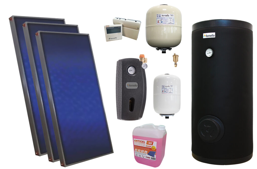 Pachet solar premium, presurizat, 3x panou plan Sunsystem PК SL FP 2.0, Boiler cu 2 serpentine Fornello SOL 300 LT 2S, controller, vas expansiune solar, vas expansiune sanitar, grup pompare Fornello (pompa OHI), aerisitor 1/2, antigel 1 Pachet solar premium, presurizat, 3x panou plan Sunsystem PК SL FP 2.0, Boiler cu 2 serpentine Fornello SOL 300 LT 2S, controller, vas expansiune solar, vas expansiune sanitar, grup pompare Fornello (pompa OHI), aerisitor 1/2, antigel