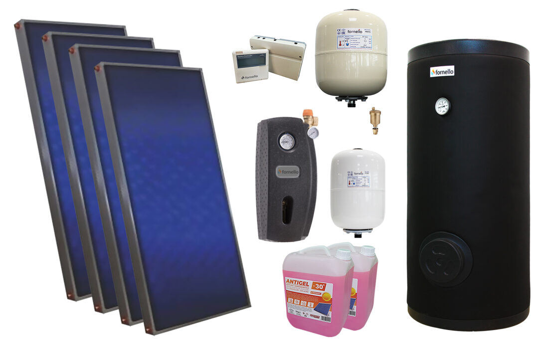 Pachet solar premium, presurizat, 4x panou plan Sunsystem PК SL FP 2.0, Boiler cu 2 serpentine Fornello SOL 300 LT 2S, controller, vas expansiune solar, vas expansiune sanitar, grup pompare Fornello (pompa OHI), aerisitor 1/2, antigel 1 Pachet solar premium, presurizat, 4x panou plan Sunsystem PК SL FP 2.0, Boiler cu 2 serpentine Fornello SOL 300 LT 2S, controller, vas expansiune solar, vas expansiune sanitar, grup pompare Fornello (pompa OHI), aerisitor 1/2, antigel