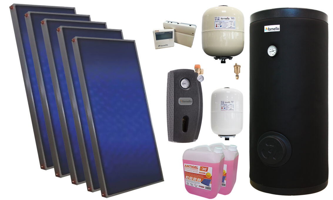 Pachet solar premium, presurizat, 5x panou plan Sunsystem PК SL FP 2.0, Boiler cu 2 serpentine Fornello SOL 500 LT 2S, controller, vas expansiune solar, vas expansiune sanitar, grup pompare Fornello (pompa OHI), aerisitor 1/2, antigel 1 Pachet solar premium, presurizat, 5x panou plan Sunsystem PК SL FP 2.0, Boiler cu 2 serpentine Fornello SOL 500 LT 2S, controller, vas expansiune solar, vas expansiune sanitar, grup pompare Fornello (pompa OHI), aerisitor 1/2, antigel