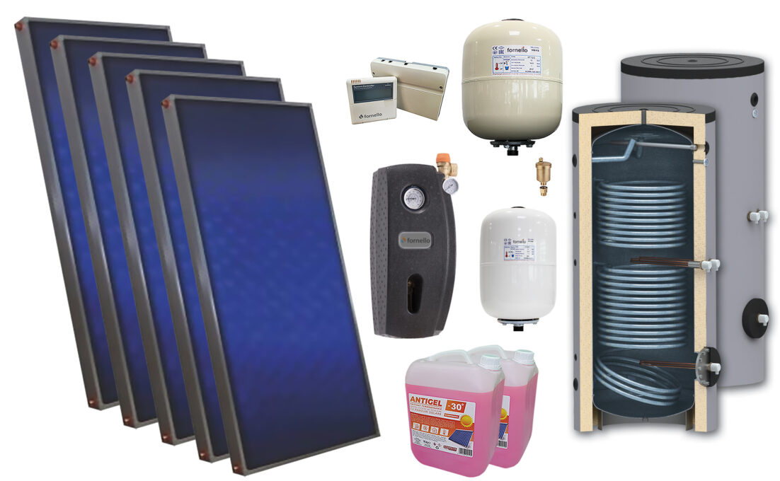 Pachet solar premium, presurizat, 5x panou plan Sunsystem PК SL FP 2.0, Boiler cu 2 serpentine Sunsystem SON 500 2S, controller, vas expansiune solar, vas expansiune sanitar, grup pompare Fornello (pompa OHI), aerisitor, antigel 1 Pachet solar premium, presurizat, 5x panou plan Sunsystem PК SL FP 2.0, Boiler cu 2 serpentine Sunsystem SON 500 2S, controller, vas expansiune solar, vas expansiune sanitar, grup pompare Fornello (pompa OHI), aerisitor, antigel