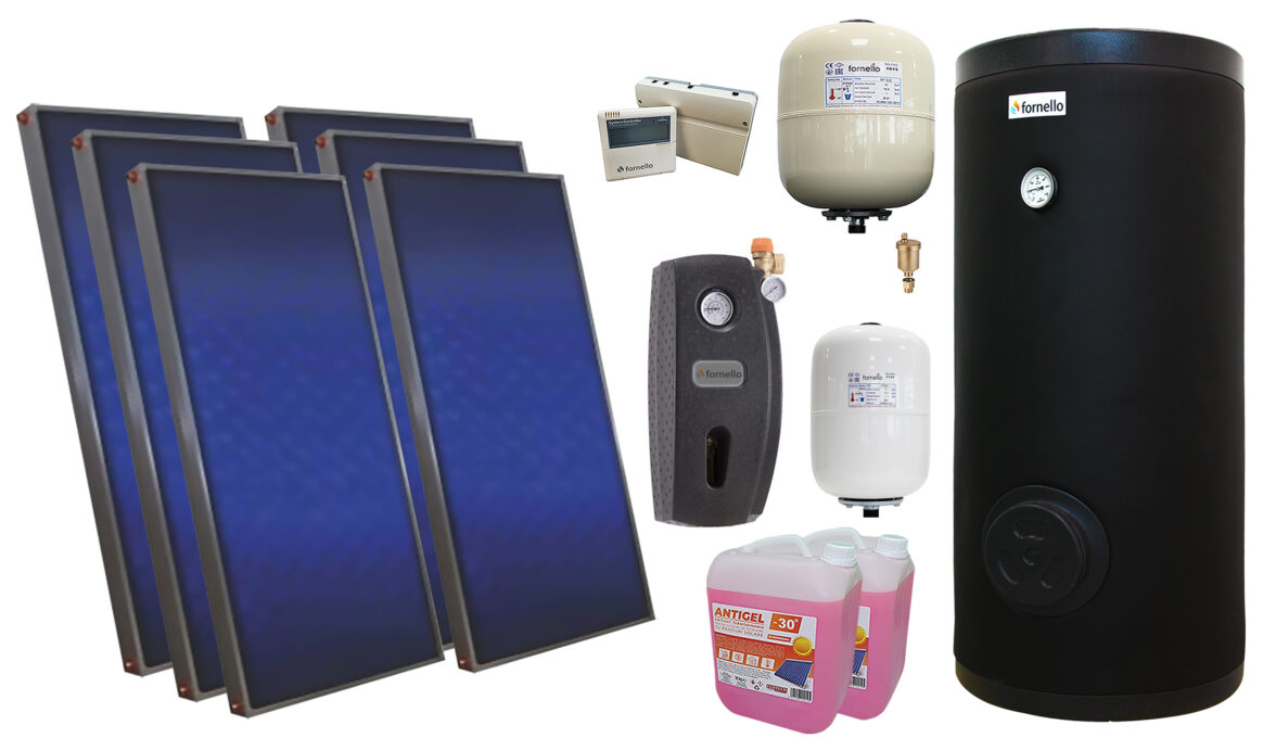 Pachet solar premium, presurizat, 6x panou plan Sunsystem PК SL FP 2.0, Boiler cu 2 serpentine Fornello SOL 500 LT 2S, controller, vas expansiune solar, vas expansiune sanitar, grup pompare Fornello (pompa OHI), aerisitor 1/2, antigel 1 Pachet solar premium, presurizat, 6x panou plan Sunsystem PК SL FP 2.0, Boiler cu 2 serpentine Fornello SOL 500 LT 2S, controller, vas expansiune solar, vas expansiune sanitar, grup pompare Fornello (pompa OHI), aerisitor 1/2, antigel