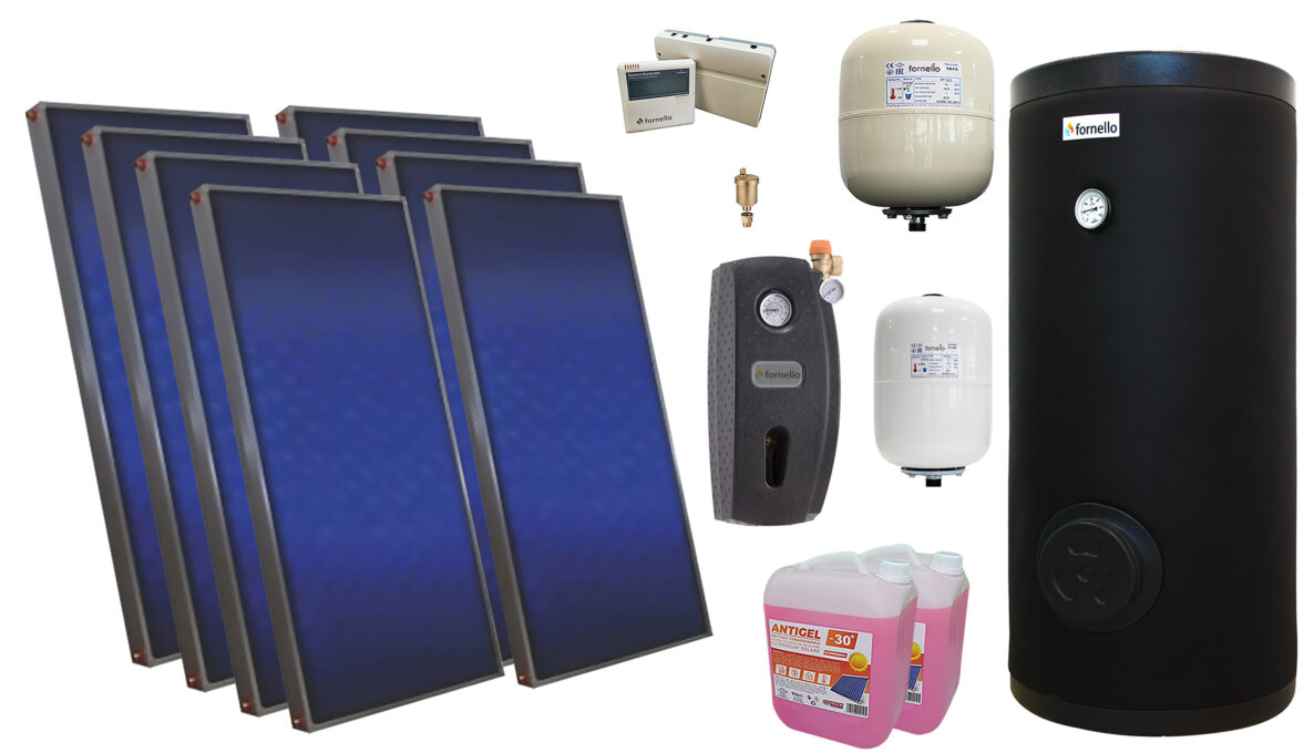 Pachet solar premium, presurizat, 8x panou plan Sunsystem PК SL FP 2.0, Boiler cu 2 serpentine Fornello SOL 800 LT 2S, controller, vas expansiune solar, vas expansiune sanitar, grup pompare Fornello (pompa OHI), aerisitor 1/2, antigel 1 Pachet solar premium, presurizat, 8x panou plan Sunsystem PК SL FP 2.0, Boiler cu 2 serpentine Fornello SOL 800 LT 2S, controller, vas expansiune solar, vas expansiune sanitar, grup pompare Fornello (pompa OHI), aerisitor 1/2, antigel