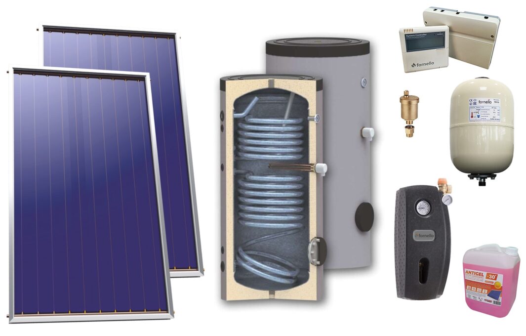 Pachet solar, presurizat, 2 x Panou solar plan Sunsystem Select PK SL CL NL 2.15 m², Boiler de sol Sunsystem SON 200, Controller, Vas expansiune,  Grup pompare, Antigel