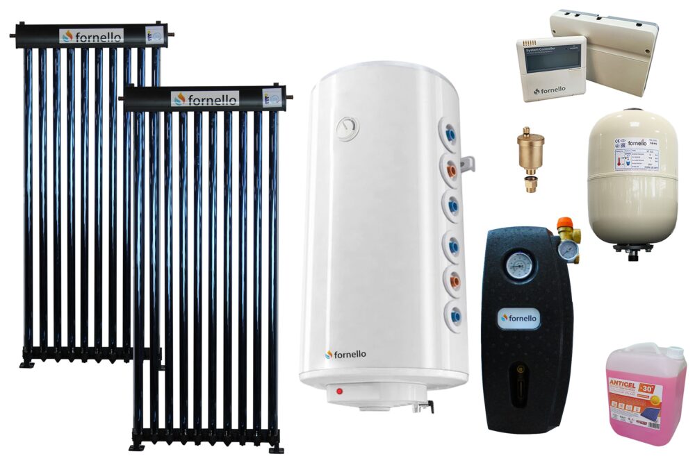 Pachet premium solar presurizat, panou Fornello 20 Tuburi Heat Pipe, Boiler cu 2 serpentine Fornello Optima GCV7/4S 150 l, controller, vas expansiune, grup pompare, aerisitor 1/2, antigel