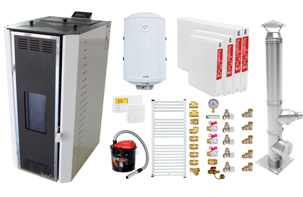 Pachet Termosemineu pe peleti Fornello Camino Rossi 35 kW, pompa Grundfos, vas expansiune, arzator inox, Boiler Fornello Termoelectric 100 l, termostat, aspirator cenusa, cos inox 4 ml, calorifere si fitinguri montaj 1 Pachet Termosemineu pe peleti Fornello Camino Rossi 35 kW, pompa Grundfos, vas expansiune, arzator inox, Boiler Fornello Termoelectric 100 l, termostat, aspirator cenusa, cos inox 4 ml, calorifere si fitinguri montaj