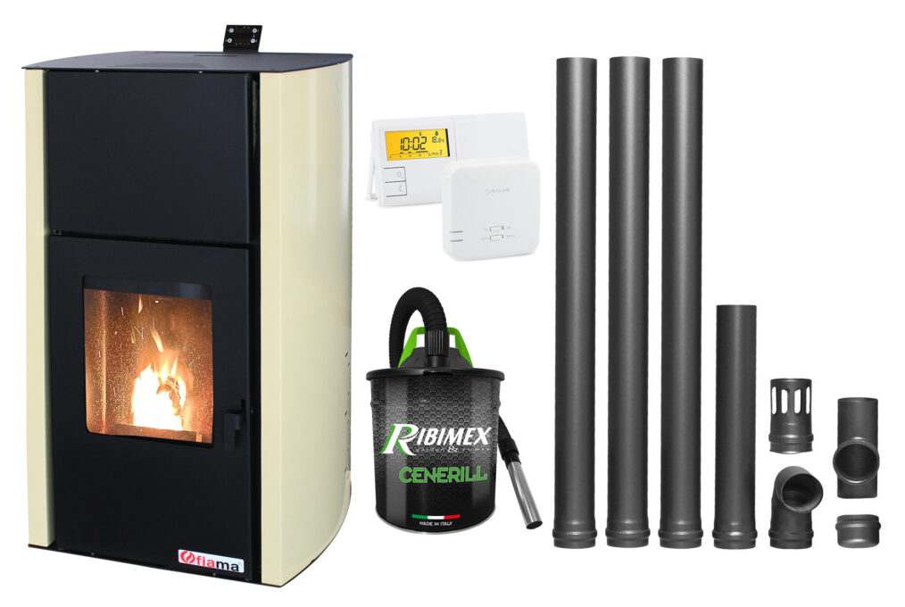Pachet Termosemineu pe peleti Fornello Fiama Confort 30 kW, cu pompa, vas expansiune, automatizare, termostat, aspirator, kit evacuare 3.5 ml, buncar 35 kg, tiraj fortat, culoare crem, pana la 200 mp