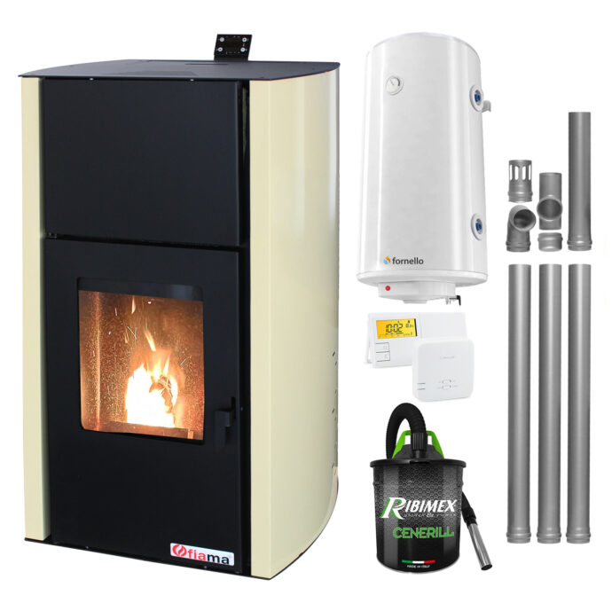 Pachet Termosemineu pe peleti Fornello Fiama Confort 30 kW, cu pompa, vas expansiune, automatizare, boiler, termostat, aspirator, kit evacuare 3.5 ml, buncar 35 kg, tiraj fortat, culoare crem, pana la 200 mp