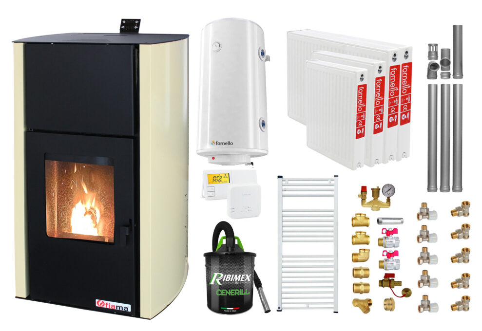 Pachet Termosemineu pe peleti Fornello Fiama Confort 30 kW, cu pompa, vas expansiune, automatizare, radiatoare otel, boiler, termostat, aspirator, kit evacuare 3.5 ml, fitinguri, buncar 35 kg, culoare crem, pana la 200 mp