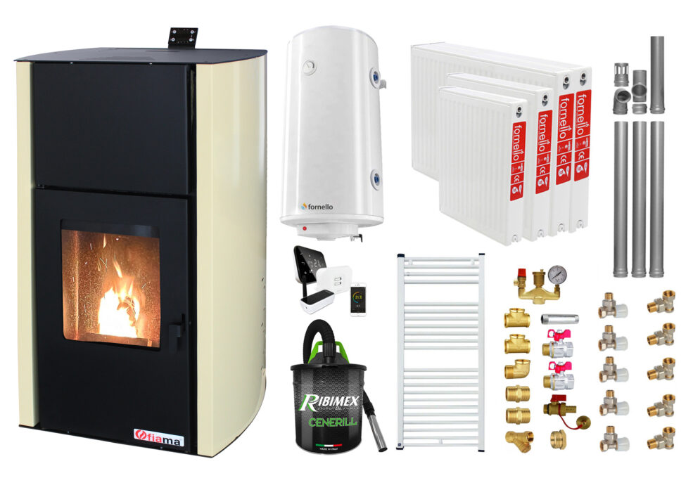 Pachet control de la distanta Termosemineu pe peleti Fornello Fiama Confort 30 kW, pompa, vas expansiune, automatizare, radiatoare otel, boiler, termostat, aspirator, kit evacuare 3.5 ml, fitinguri, buncar 35 kg, culoare crem, pana la 200 mp