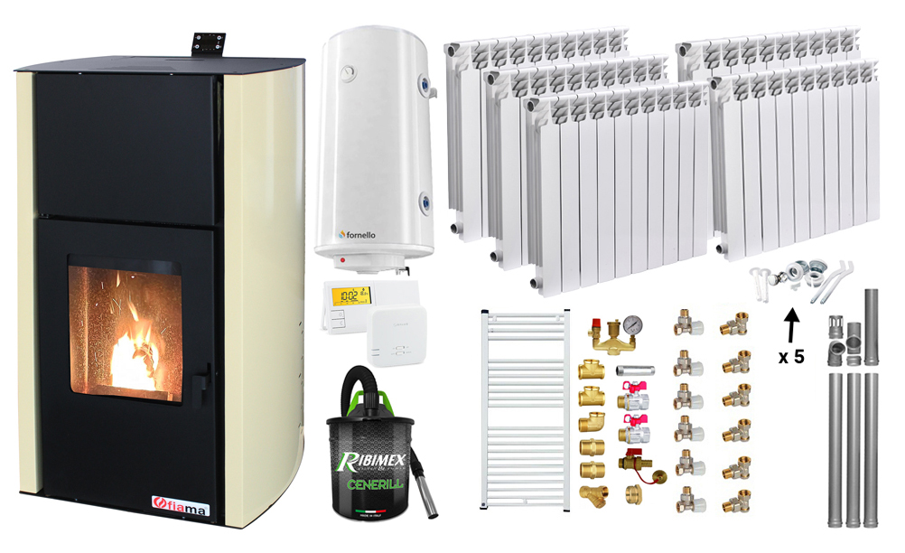 Pachet Termosemineu pe peleti Fornello Fiama Confort 30 kW, cu pompa, vas expansiune, automatizare, calorifere aluminiu Fornello Alvo, boiler, termostat, aspirator, kit evacuare, fitinguri, culoare crem, pana la 200 mp