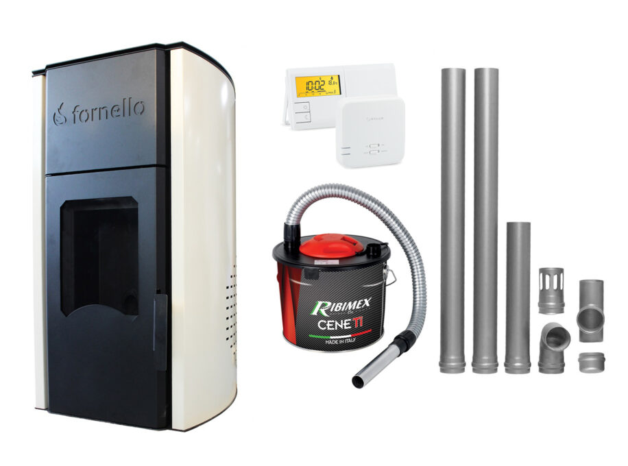 Pachet Termosemineu pe peleti Fornello Royal Ivory 25 kW, complet echipat cu pompa, vas expansiune, automatizare, culoare crem, kit evacuare 2.5 ml, Termostat Radio Comanda Salus 091FLRFV2 si Aspirator Cenusa 1 Pachet Termosemineu pe peleti Fornello Royal Ivory 25 kW, complet echipat cu pompa, vas expansiune, automatizare, culoare crem, kit evacuare 2.5 ml, Termostat Radio Comanda Salus 091FLRFV2 si Aspirator Cenusa