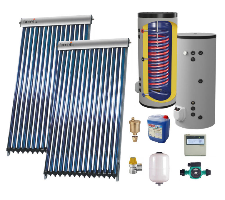 Set Sistem solar presurizat, panou Fornello 40 Tuburi Heat Pipe, boiler cu 2 serpentine si rezistenta electrica Eldom 200 litri cu montaj pe sol, pompa 25-60, controller, vas expansiune, antigel, supapa 1/2, aerisitor 1/2