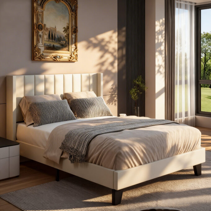 Cadru de Pat Doctor Home Cloud, 140 x 200, Tapitat, Rezistenta 400 KG - Crem