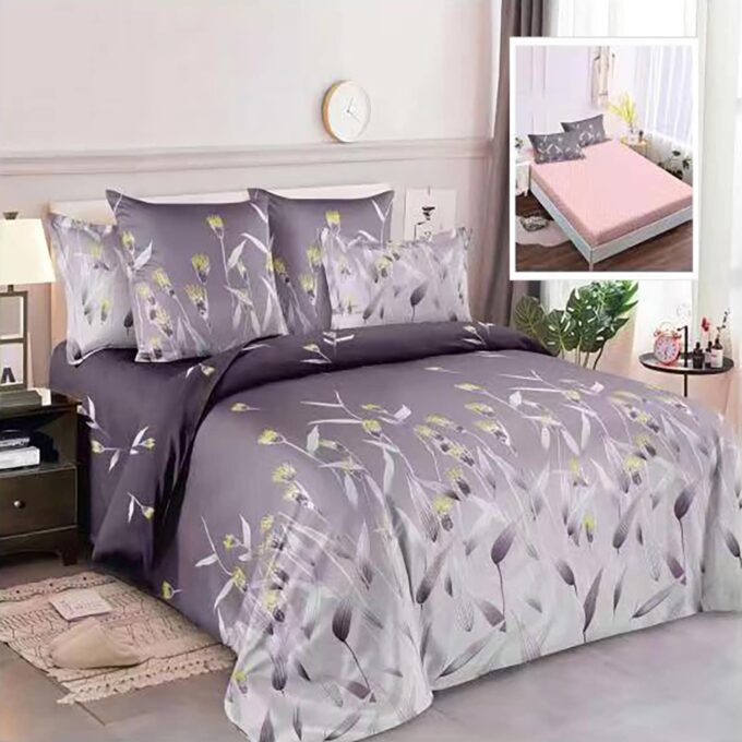 Lenjerie de pat finet 6 piese, cearceaf pat cu elastic, cearceaf pilota 200x230, 2 fete perna 50x70, 2 fete perna 70x70, Extra, roz-mov flori