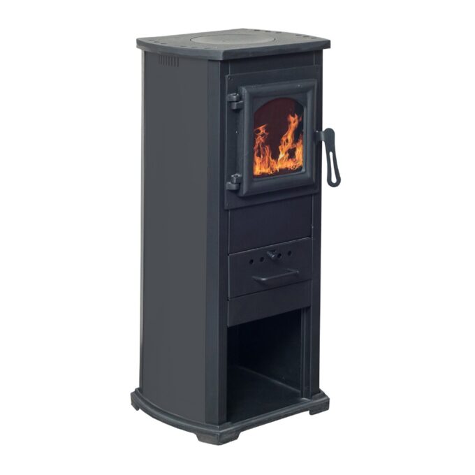 Semineu pe lemne Termo Klasik Lux antracit  cu plita de gatit si sticla termorezistenta  39 × 39 x 87 cm