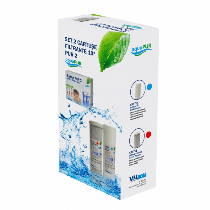 Cartuse filtrare apa Aquapur, polipropilena, carbune activ bloc, pentru sistem filtrare, reduce concentratia compusilor organici din apa, imbunatateste gustul si mirosul, 8 l/min, 1 micron, 2 buc/pachet