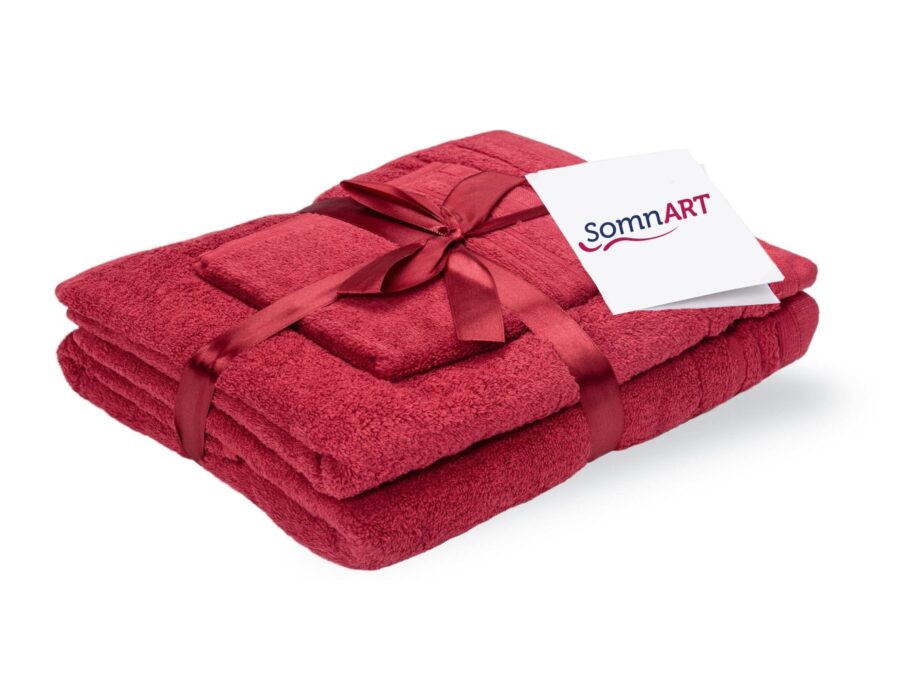Set prosoape bumbac Somnart, 600gsm, de fata 50x90 cm + de corp 70x140 + de maini 30x50 cm - bordeaux