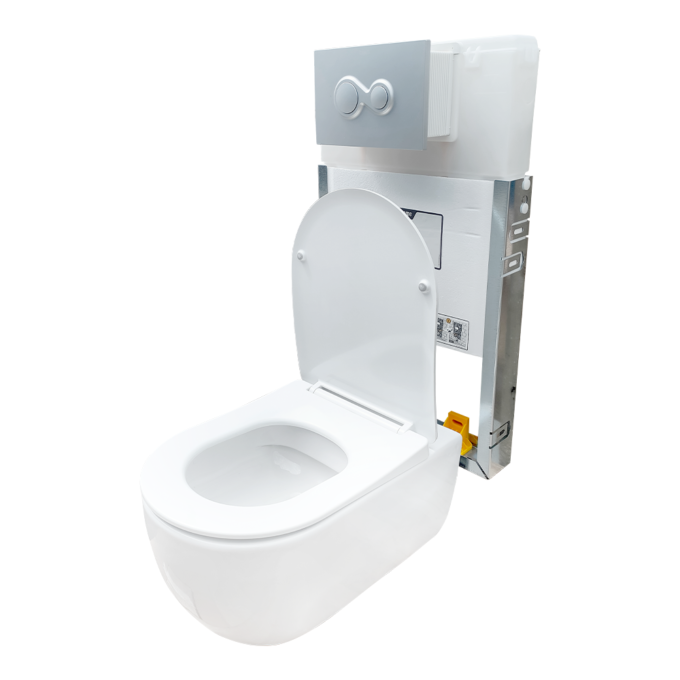 Set vas WC suspendat rimless cu rezervor incastrat Supreme 49 cm + capac duroplast si clapeta de actionare