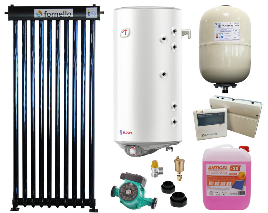 Sistem solar presurizat, panou Fornello 10 Tuburi Heat Pipe, boiler cu 2 serpentine si rezistenta electrica Eldom 100 litri, pompa 25-60, controller, vas expansiune, antigel, supapa 1/2, aerisitor 1/2