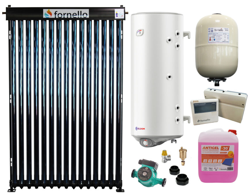 Sistem solar presurizat, panou Fornello 15 Tuburi Heat Pipe, boiler cu 2 serpentine si rezistenta electrica Eldom 120 litri, pompa 25-60, controller, vas expansiune, antigel, supapa 1/2, aerisitor 1/2