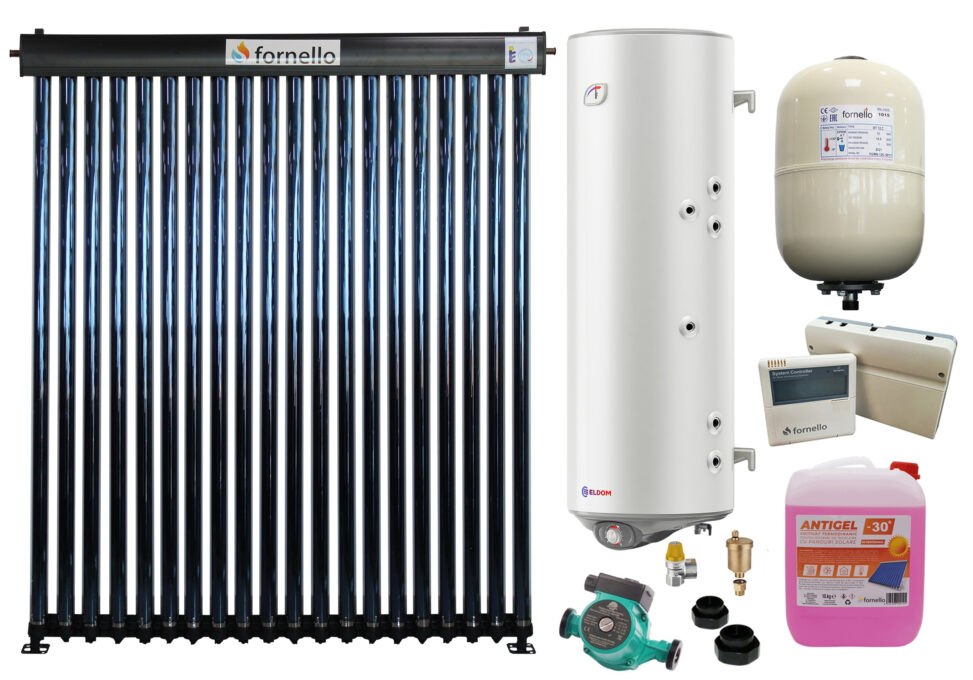 Sistem solar presurizat, panou Fornello 20 Tuburi Heat Pipe, boiler cu 2 serpentine si rezistenta electrica Eldom 150 litri, pompa 25-60, controller, vas expansiune, antigel, supapa 1/2, aerisitor 1/2