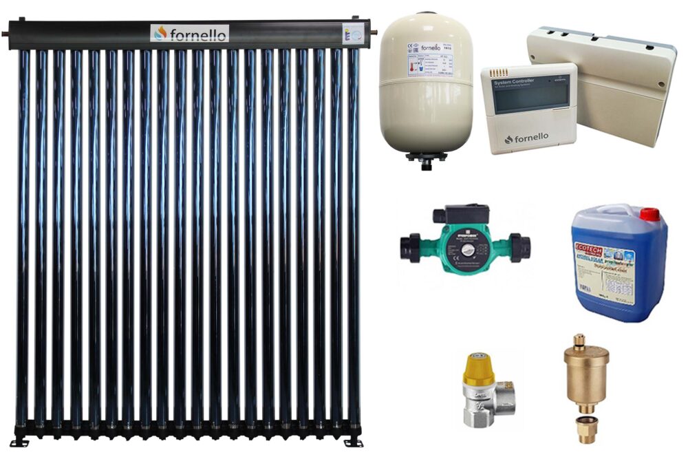 Sistem solar presurizat, panou Fornello 20 Tuburi Heat Pipe, pompa 25-60, controller, vas expansiune, antigel, supapa 1/2, aerisitor 1/2