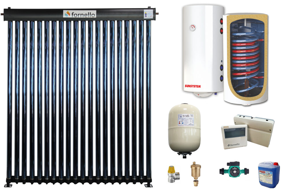 Sistem solar presurizat, panou Fornello 20 Tuburi Heat Pipe, boiler cu 2 serpentine si rezistenta electrica Sunsystem BB NL2 150 PRL, pompa 25-60, controller, vas expansiune, antigel, supapa 1/2, aerisitor 1/2